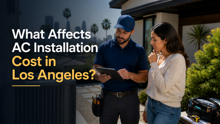 AC installation cost consultation with HVAC technician at a Los Angeles home