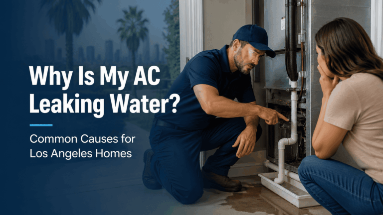 HVAC technician inspecting a leaking home AC system in Los Angeles