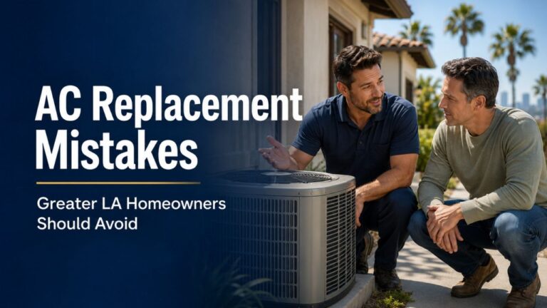 HVAC technician explaining AC replacement mistakes to a Greater LA homeowner